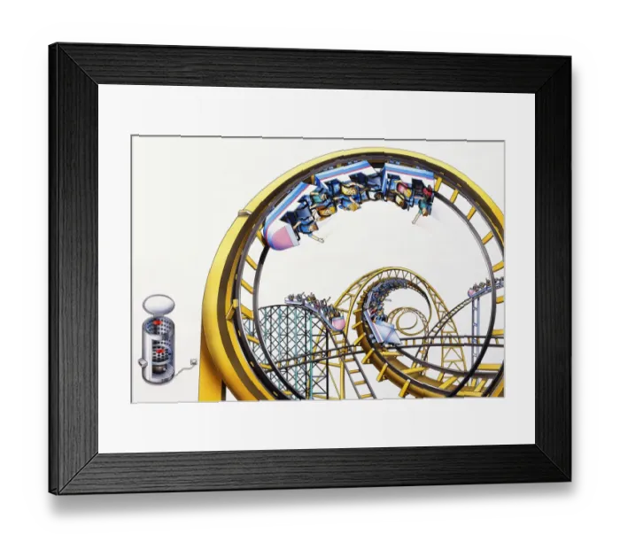 Framed Print : Passengers upside down in coaster cars on roller coaster ride in amusement park Framed Print : Passengers upside down in coaster cars on roller coaster ride in amusement park