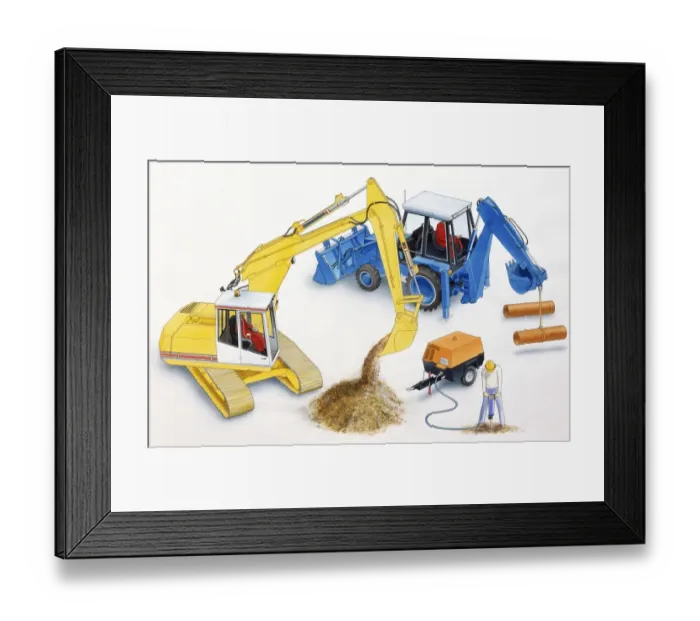 Framed Print : Digger trucks, excavator, and man drilling hole in ground using pneumatic drill and compressor Framed Print : Digger trucks, excavator, and man drilling hole in ground using pneumatic drill and compressor