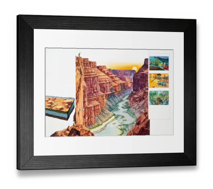 Framed Print : USA, Arizona, Grand Canyon, steep-sided gorge, eroded by Colorado River, cross-section and illustrative insets