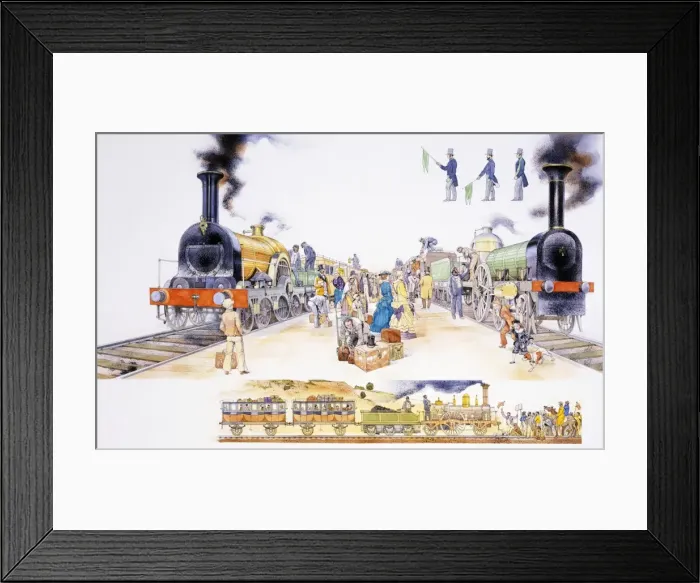 Framed Print : Crowded platform at Victorian railway station, with two locomotive steam trains either side Framed Print : Crowded platform at Victorian railway station, with two locomotive steam trains either side