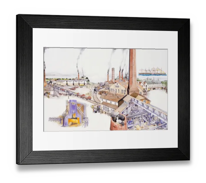 Framed Print : Factories, with tall chimneys billowing pollutants