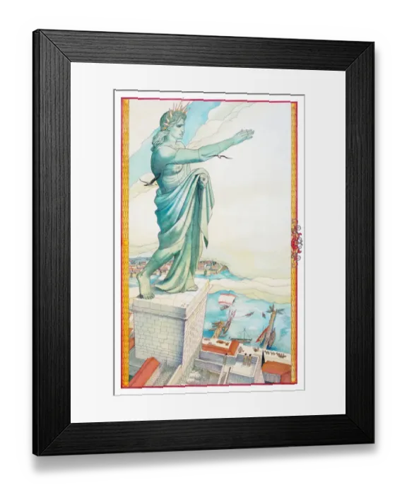 Framed Print : Female statue, resembling Liberty, atop podium
