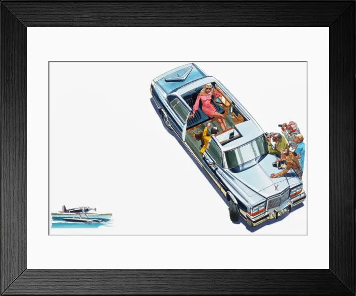 Framed Print : Paparazzi photographing glamorous woman in limousine, elevated view Framed Print : Paparazzi photographing glamorous woman in limousine, elevated view