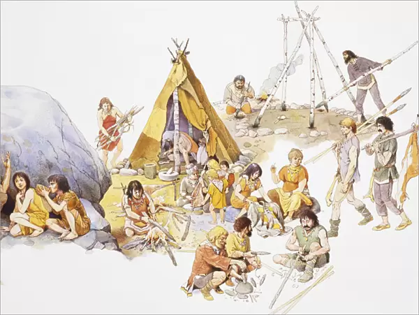Mesolithic man, gathering around fire in family groups and building dwellings