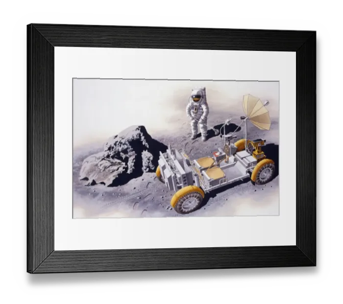 Framed Print : Astronaut standing near Lunar Roving Vehicle (LRV) and boulder on surface of moon, elevated view Framed Print : Astronaut standing near Lunar Roving Vehicle (LRV) and boulder on surface of moon, elevated view