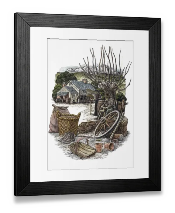 Framed Print : Rural scene, with old man sitting in farmyard Framed Print : Rural scene, with old man sitting in farmyard