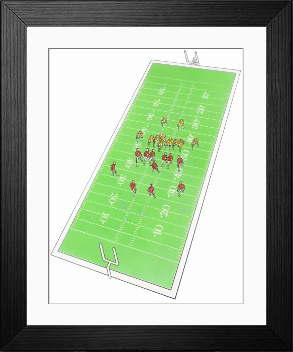 Framed Print : Football game in progress on rectangular field, elevated view