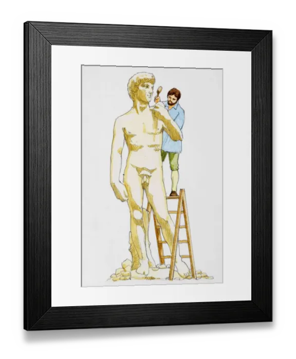 Framed Print : Sculptor adding finishing touches to monumental statue of nude man Framed Print : Sculptor adding finishing touches to monumental statue of nude man