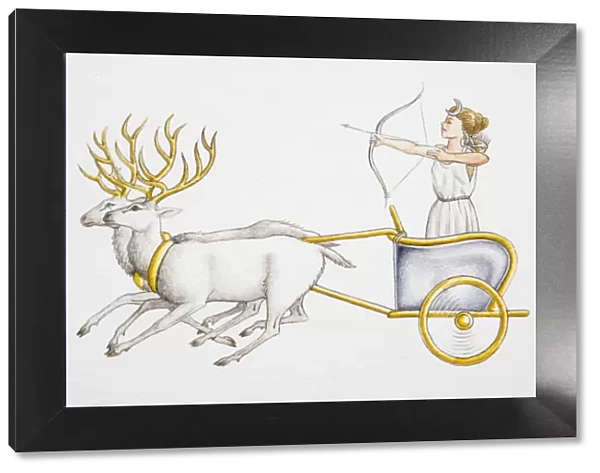 Female fairy tale character with bow and arrow, standing in chariot pulled by reindeer