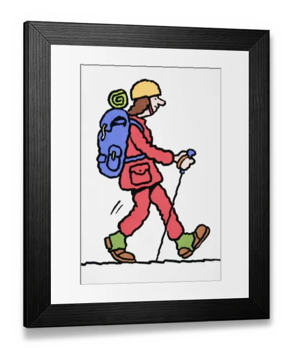 Framed Print : Comical depiction of Polar explorer with heavy backpack, holding ski poles Framed Print : Comical depiction of Polar explorer with heavy backpack, holding ski poles