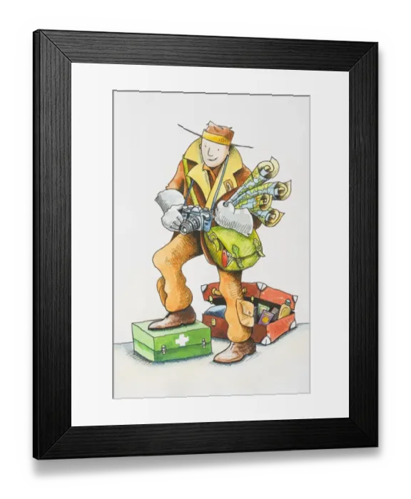Framed Print : Explorer, wearing overcoat, cargo pants, boots and hat, carrying rolled-up maps, camera, and satchel, standing on first aid box, with over-packed suitcase behind Framed Print : Explorer, wearing overcoat, cargo pants, boots and hat, carrying rolled-up maps, camera, and satchel, standing on first aid box, with over-packed suitcase behind