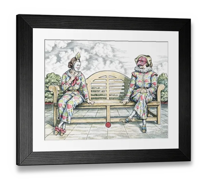 Framed Print : Harlequin, male and female costumed characters sitting on outdoor bench Framed Print : Harlequin, male and female costumed characters sitting on outdoor bench