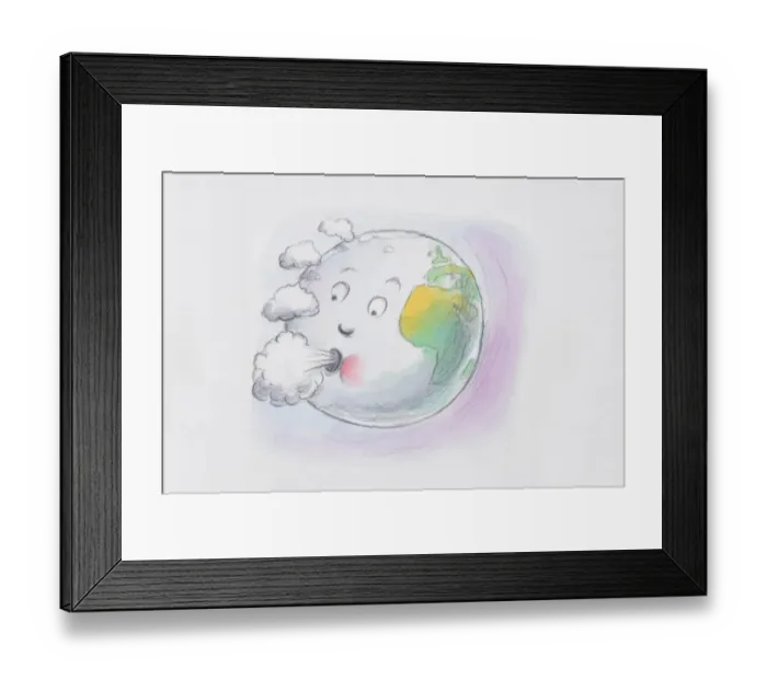 Framed Print : Comical depiction of Earth globe with face blowing clouds from mouth