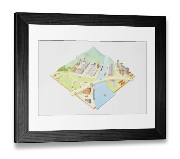 Framed Print : Chemical factory with river running through center, elevated view Framed Print : Chemical factory with river running through center, elevated view