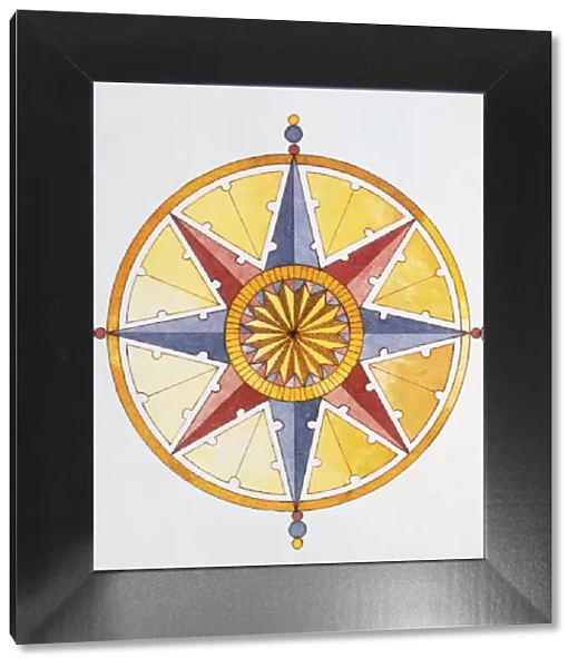 Compass in shape of circle yellow, blue and orange in color, with eight points that around the circumference derived from star