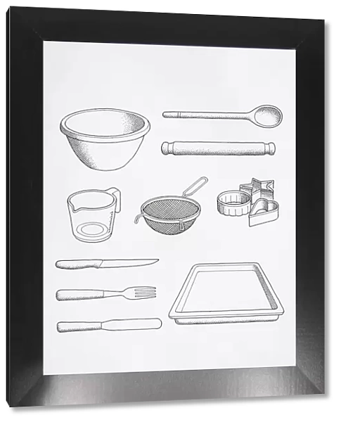 Selection of cooks utensils, including mixing bowl, spoon, rolling pin, knife, fork, palette knife, baking tray, biscuit cutters, and sieve