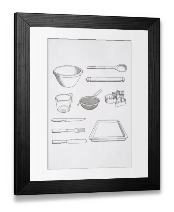 Framed Print : Selection of cooks utensils, including mixing bowl, spoon, rolling pin, knife, fork, palette knife, baking tray, biscuit cutters, and sieve Framed Print : Selection of cooks utensils, including mixing bowl, spoon, rolling pin, knife, fork, palette knife, baking tray, biscuit cutters, and sieve