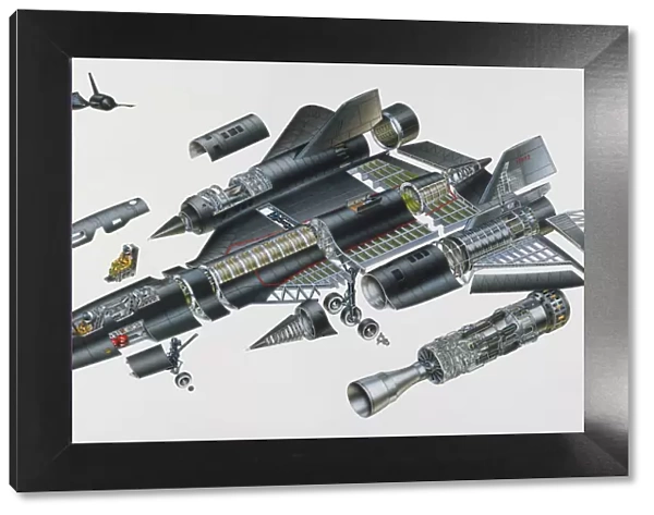 Lockheed SR-71, high-tech military jet aircraft, also known as Blackbird, expanded cross-section, elevated view