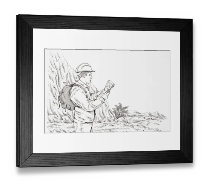 Framed Print : Geologist wearing hard hat, carrying rucksack, looking at a map, with mountains and rocks in background Framed Print : Geologist wearing hard hat, carrying rucksack, looking at a map, with mountains and rocks in background