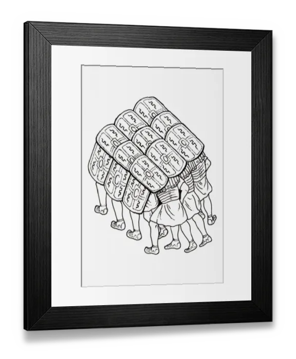 Framed Print : Platoon of Soldiers formed into a testudo (tortoise), used as protection, head and shoulders covered with their shields allowing safer advance Framed Print : Platoon of Soldiers formed into a testudo (tortoise), used as protection, head and shoulders covered with their shields allowing safer advance