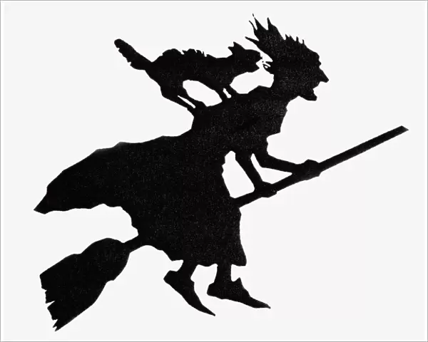 Sillouette of a witch riding on a broomstick with black cat on her back