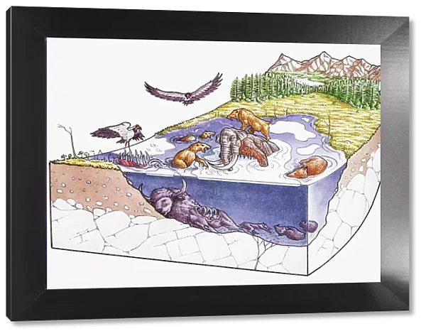 Asphalt lake with creatures above and below surface, during fossilization process