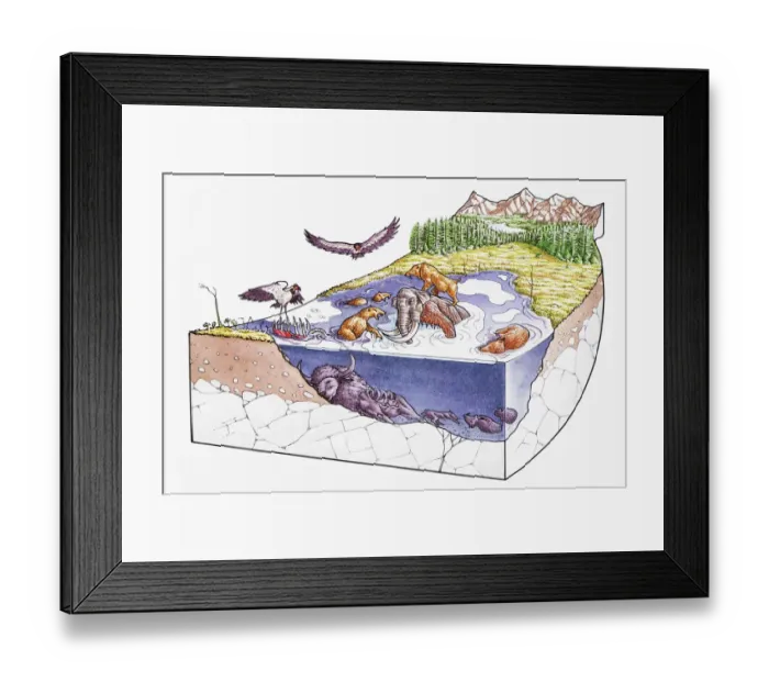 Framed Print : Asphalt lake with creatures above and below surface, during fossilization process Framed Print : Asphalt lake with creatures above and below surface, during fossilization process