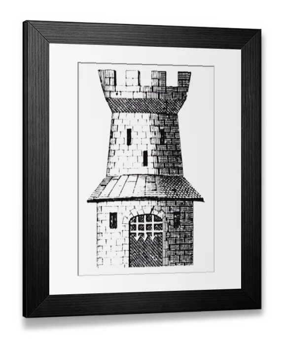 Framed Print : Crenelated castle tower with portcullis, line drawing Framed Print : Crenelated castle tower with portcullis, line drawing