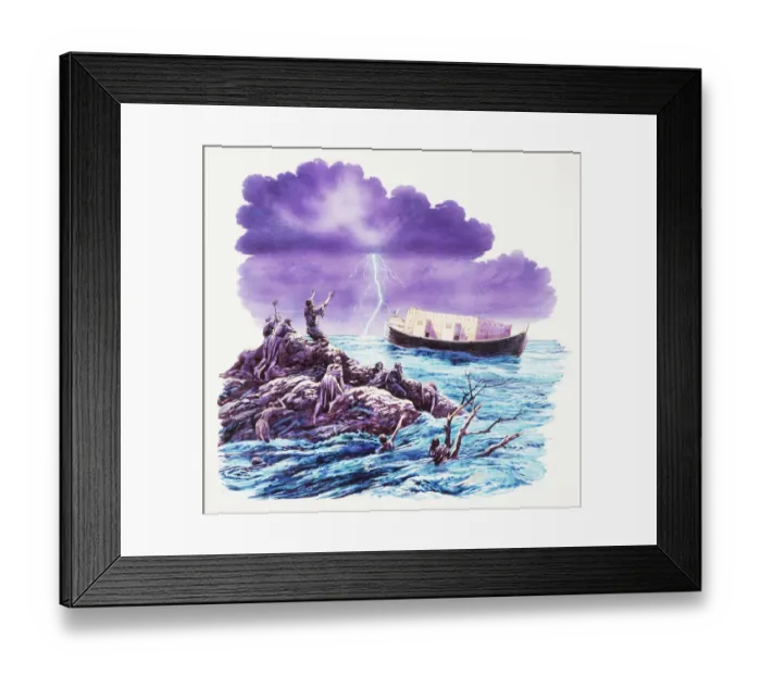 Framed Print : Noahs ark in middle of rough sea, with people stranded on rock looking out to the ark at sea for help, holding on to broken tree branches. Sea turquoise in color, the sky navy / purple shade with a shock of white lightening Framed Print : Noahs ark in middle of rough sea, with people stranded on rock looking out to the ark at sea for help, holding on to broken tree branches. Sea turquoise in color, the sky navy / purple shade with a shock of white lightening