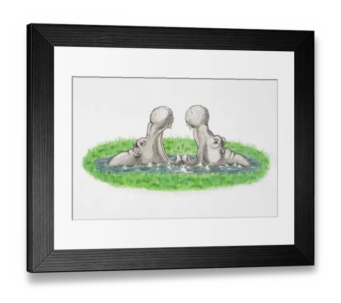 Framed Print : Cartoon depiction of two hippopotamus in pool Framed Print : Cartoon depiction of two hippopotamus in pool