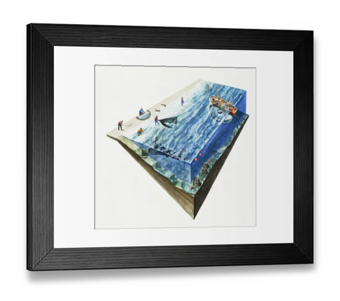 Framed Print : People fishing off shoreline and in sea, using cockle rake, net trap, rock traps, net skimming, pole fishing using trawlers