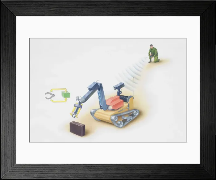 Framed Print : EOD expert using robot to investigate attache case