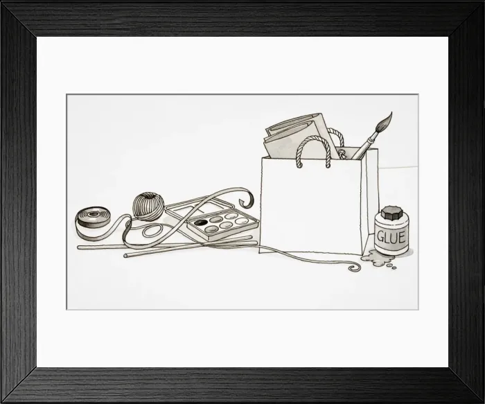 Framed Print : Selection of art materials, sticky tape, spool of string, water colours, paint brush, and pot of glue Framed Print : Selection of art materials, sticky tape, spool of string, water colours, paint brush, and pot of glue