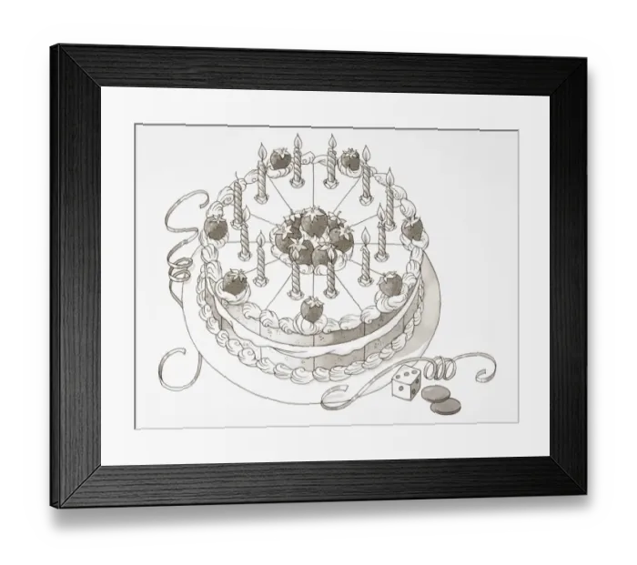 Framed Print : Iced birthday cake decorated with twelve candles and whole strawberries, elevated view Framed Print : Iced birthday cake decorated with twelve candles and whole strawberries, elevated view