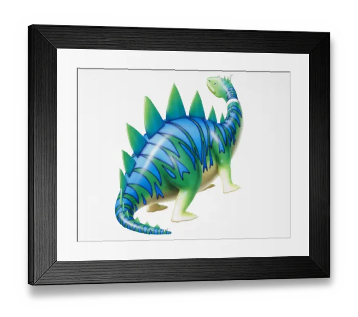 Framed Print : Cartoon character depiction of green dinosaur with blue stripy skin and spikes, side view
