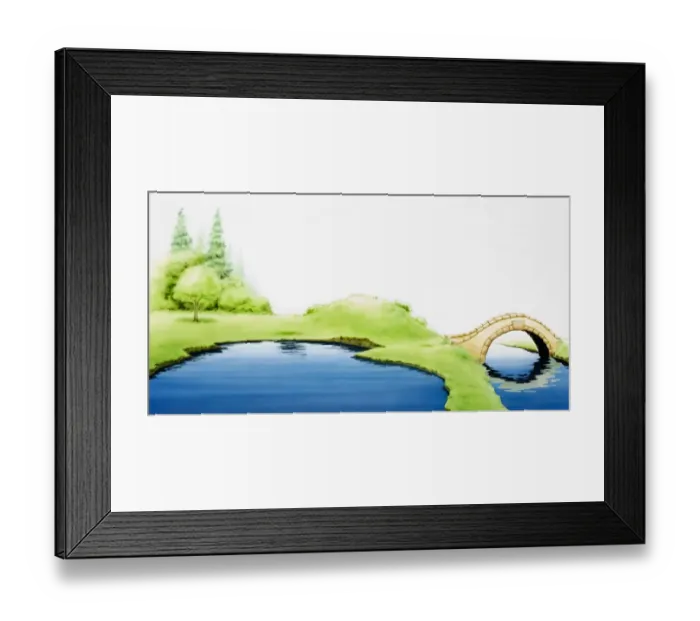 Framed Print : Arched stone bridge over river leading to a water reserve surrounded by green expanse Framed Print : Arched stone bridge over river leading to a water reserve surrounded by green expanse