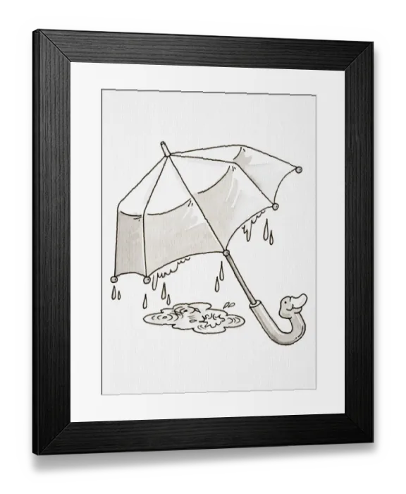 Framed Print : Comic depiction of open umbrella with duck-face handle, and rain drops forming puddle