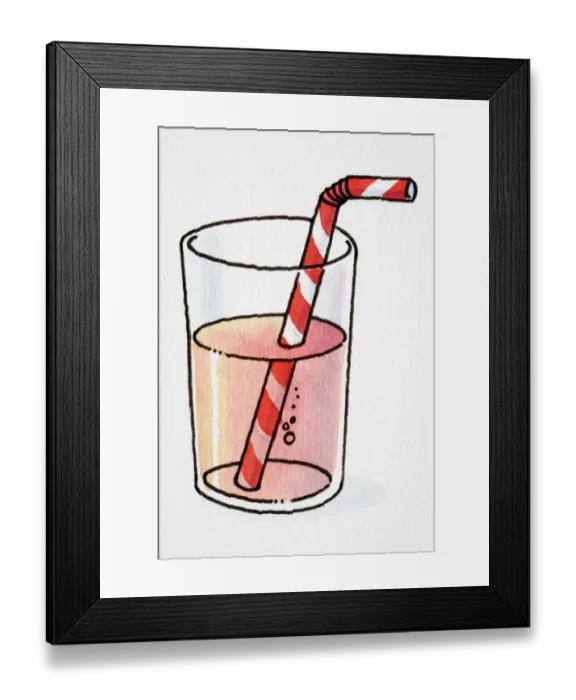 Framed Print : Glass tumbler of red juice with striped drinking straw Framed Print : Glass tumbler of red juice with striped drinking straw