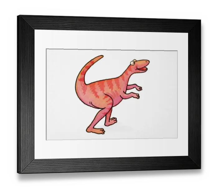 Framed Print : Cartoon depicting of dinosaur smiling and walking with upturned tail, side view Framed Print : Cartoon depicting of dinosaur smiling and walking with upturned tail, side view