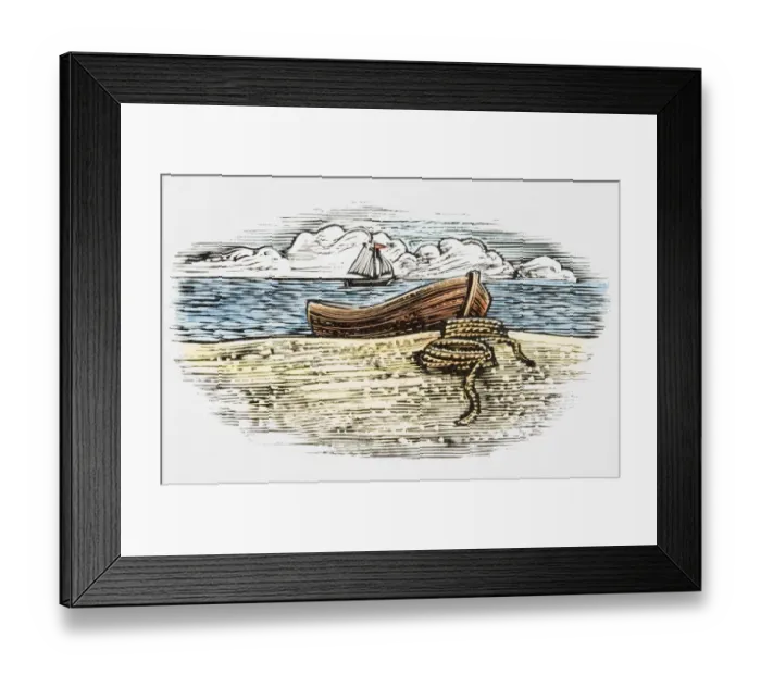 Framed Print : Small wooden fishing boat moored on beach on coastline, with sailing boat in background Framed Print : Small wooden fishing boat moored on beach on coastline, with sailing boat in background