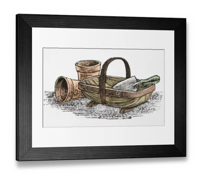 Framed Print : Two terracotta plant pots, and hand trowel in trug Framed Print : Two terracotta plant pots, and hand trowel in trug
