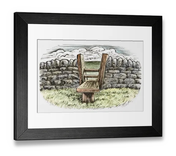 Framed Print : Wooden stile in stone wall enclosing a field Framed Print : Wooden stile in stone wall enclosing a field