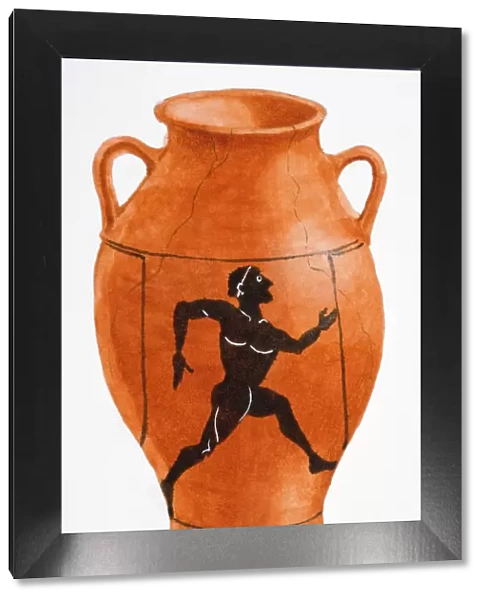 Greek black figure pot with illustration of a running man