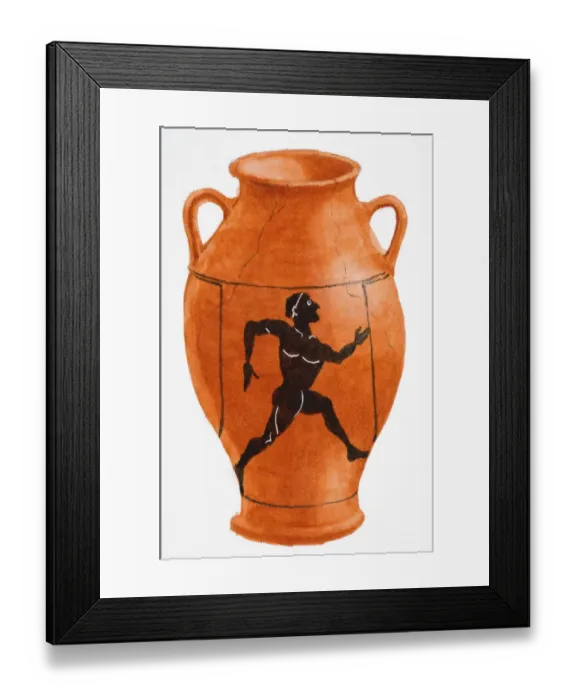 Framed Print : Greek black figure pot with illustration of a running man