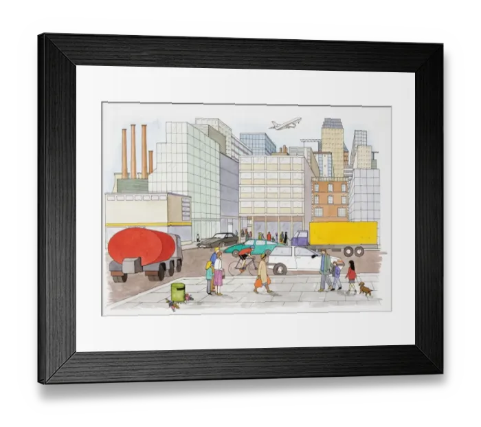 Framed Print : Urban scene depicting busy littered streets full of vehicles and pedestrians running between tightly packed high-rise buildings, aeroplane taking off and industrial chimneys in the distance, side view Framed Print : Urban scene depicting busy littered streets full of vehicles and pedestrians running between tightly packed high-rise buildings, aeroplane taking off and industrial chimneys in the distance, side view