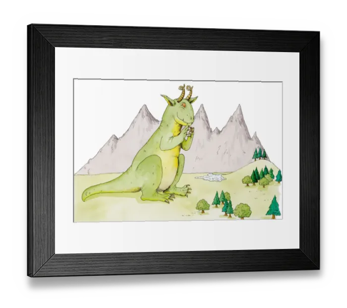 Framed Print : Giant green dragon with curled horns and red eyes sitting on green field in front of mountain range, side view Framed Print : Giant green dragon with curled horns and red eyes sitting on green field in front of mountain range, side view