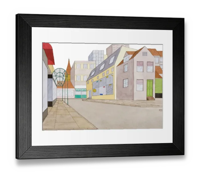 Framed Print : Urban street scene including colourful and diverse architectural detail, low angle view Framed Print : Urban street scene including colourful and diverse architectural detail, low angle view