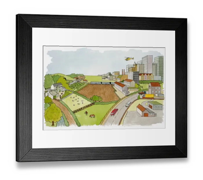 Framed Print : Train, helicopter and road vehicles travelling on border between built urban area and countryside farmland, elevated panoramic view Framed Print : Train, helicopter and road vehicles travelling on border between built urban area and countryside farmland, elevated panoramic view