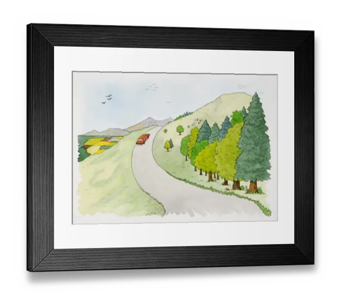 Framed Print : Red car ascending narrow country road on hill, flock of birds flying overhead and sheep grazing on surrounding fields, elevated view Framed Print : Red car ascending narrow country road on hill, flock of birds flying overhead and sheep grazing on surrounding fields, elevated view