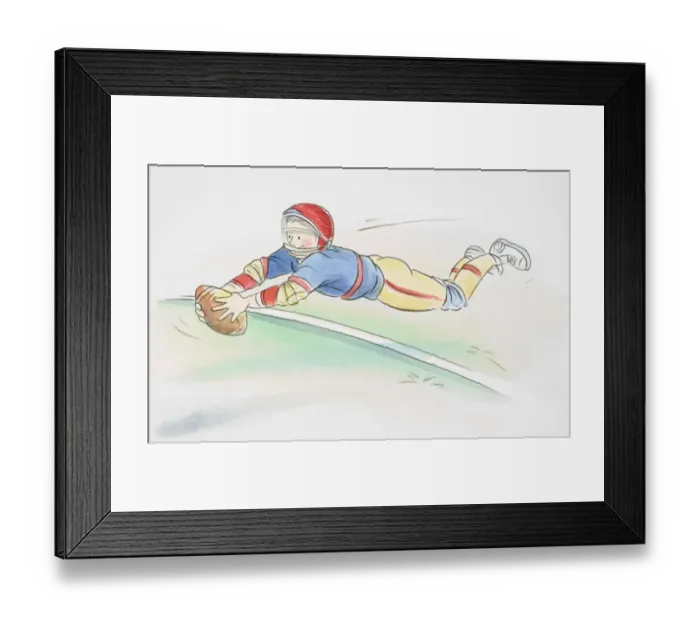 Framed Print : Smiling American football player leaping forward horizontally over touchdown line with outstretched hands gripping ball, side view Framed Print : Smiling American football player leaping forward horizontally over touchdown line with outstretched hands gripping ball, side view